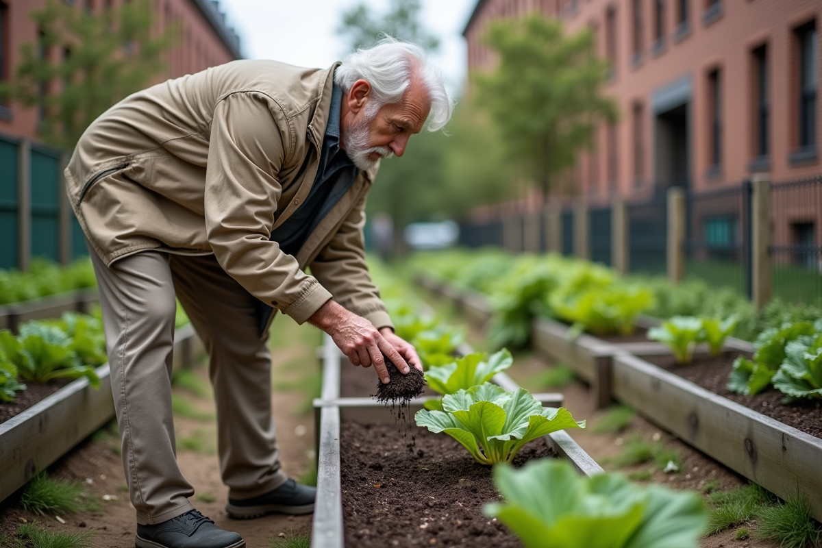 Homme âgé mulchant jeunes légumes dans jardin urbain