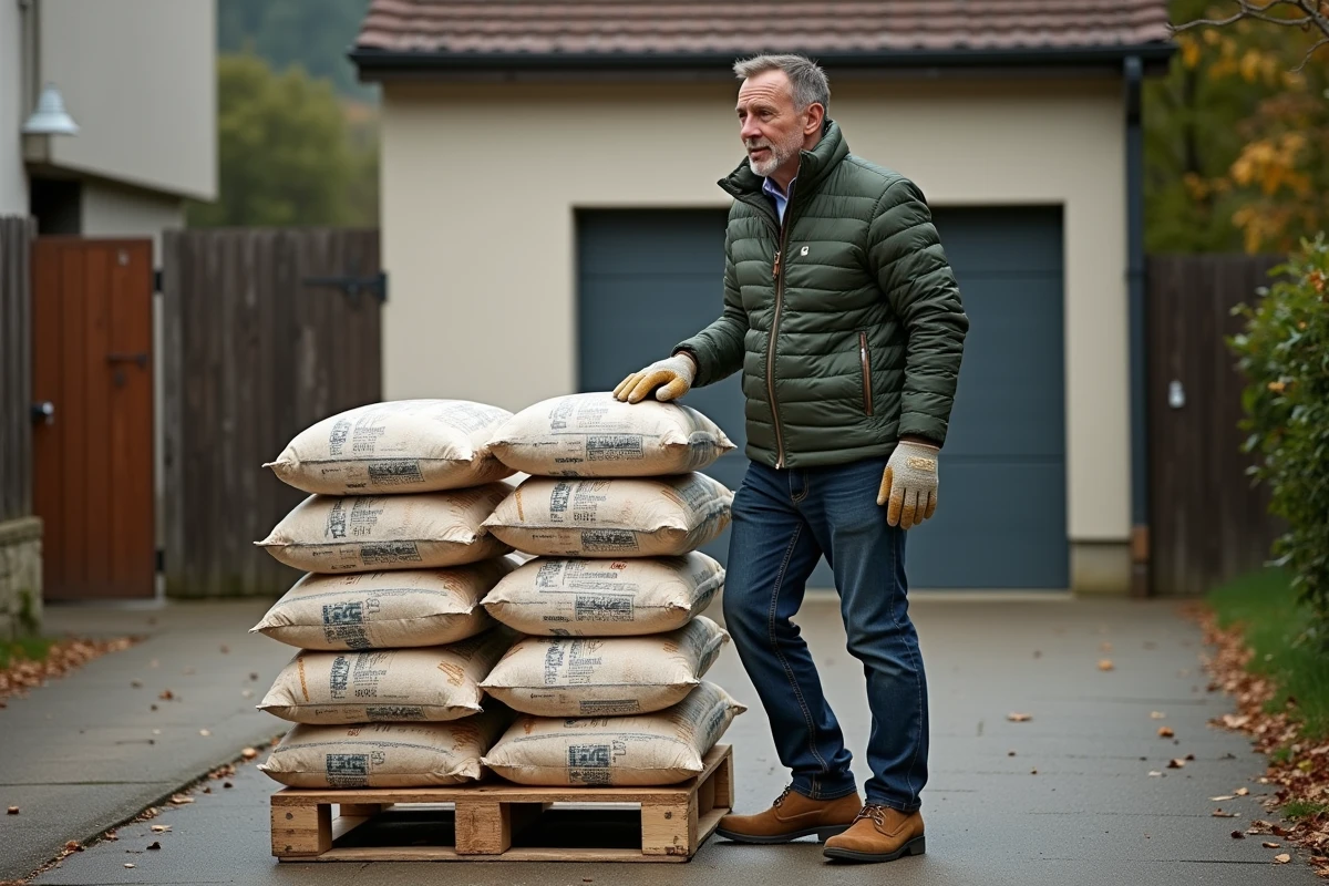 Homme debout devant une palette de sacs de granulés de bois livés, équivalent poids stère de bois de chauffage
