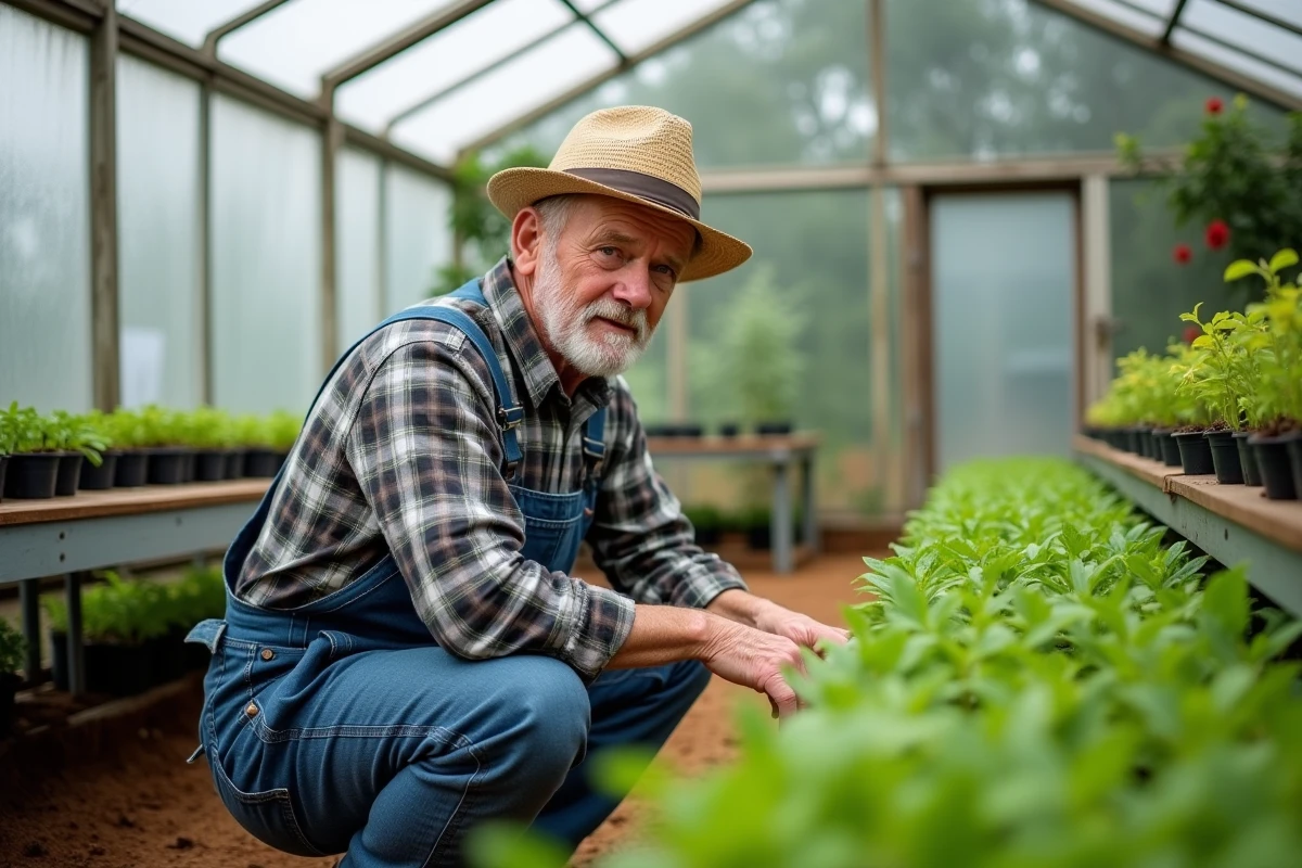 Homme retraité cultivant des plants dans une serre