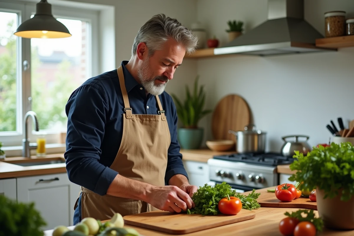 Homme préparant des légumes frais dans une cuisine écologique