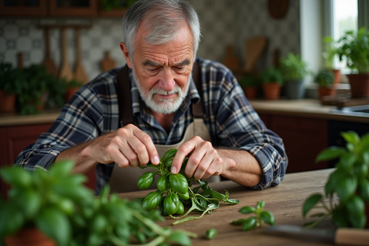 Homme âgé marquant un basilic pour la taille