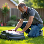 Homme ajustant une robot-tondeuse dans un jardin bien entretenu