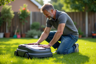 Homme ajustant une robot-tondeuse dans un jardin bien entretenu