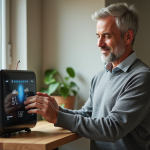Homme ajustant une station météo moderne dans un salon