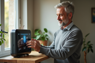 Homme ajustant une station météo moderne dans un salon
