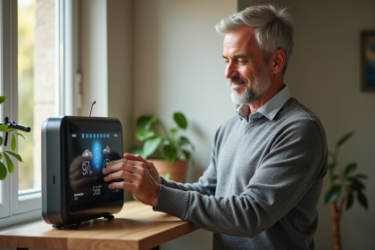 Homme ajustant une station météo moderne dans un salon