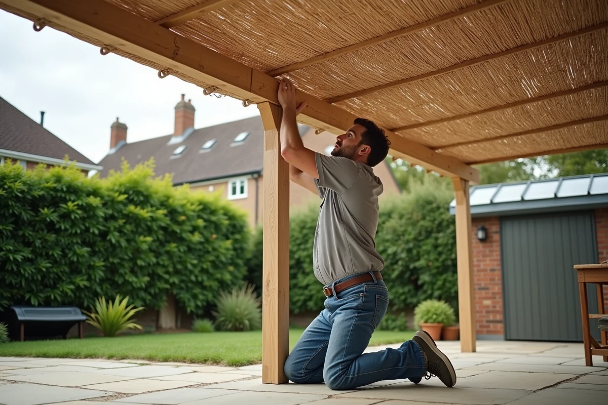 Homme posant une canisse sur la pergola dans le jardin
