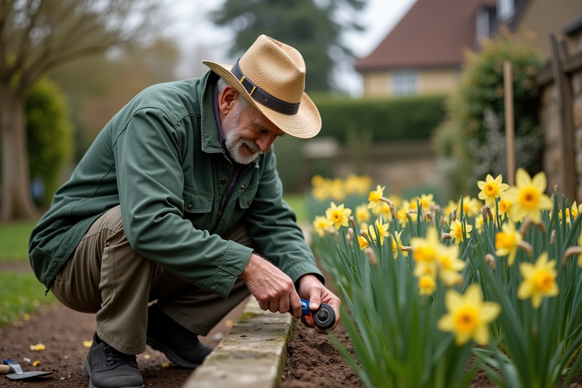 Homme âgé inspectant et coupant des jonquilles dans le jardin