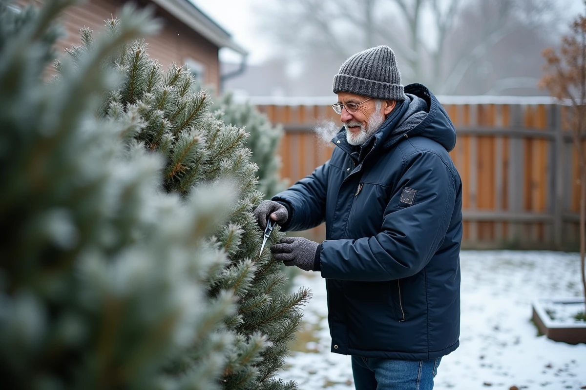 Homme âgé taillant un laurier en hiver dans son jardin