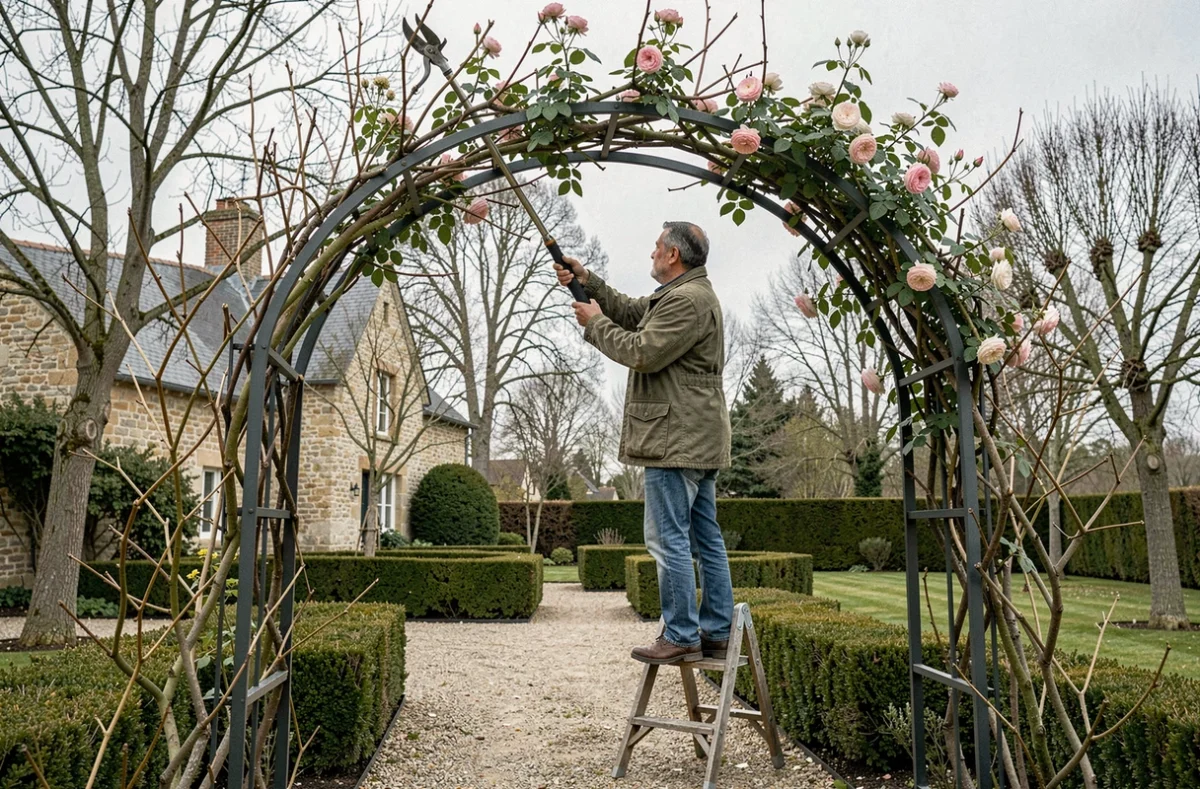 Homme sur un escabeau taillant les tiges hautes d'un rosier grimpant sur une arche métallique dans un jardin de campagne au printemps