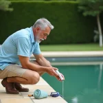 Homme vérifiant l'eau verte d'une piscine résidentielle avec un kit de test chimique