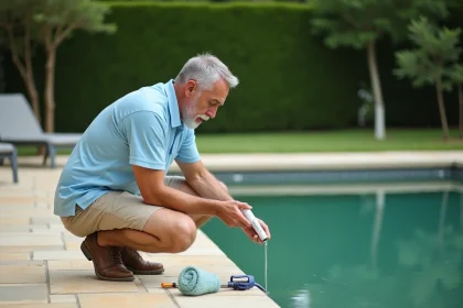 Homme vérifiant l'eau verte d'une piscine résidentielle avec un kit de test chimique