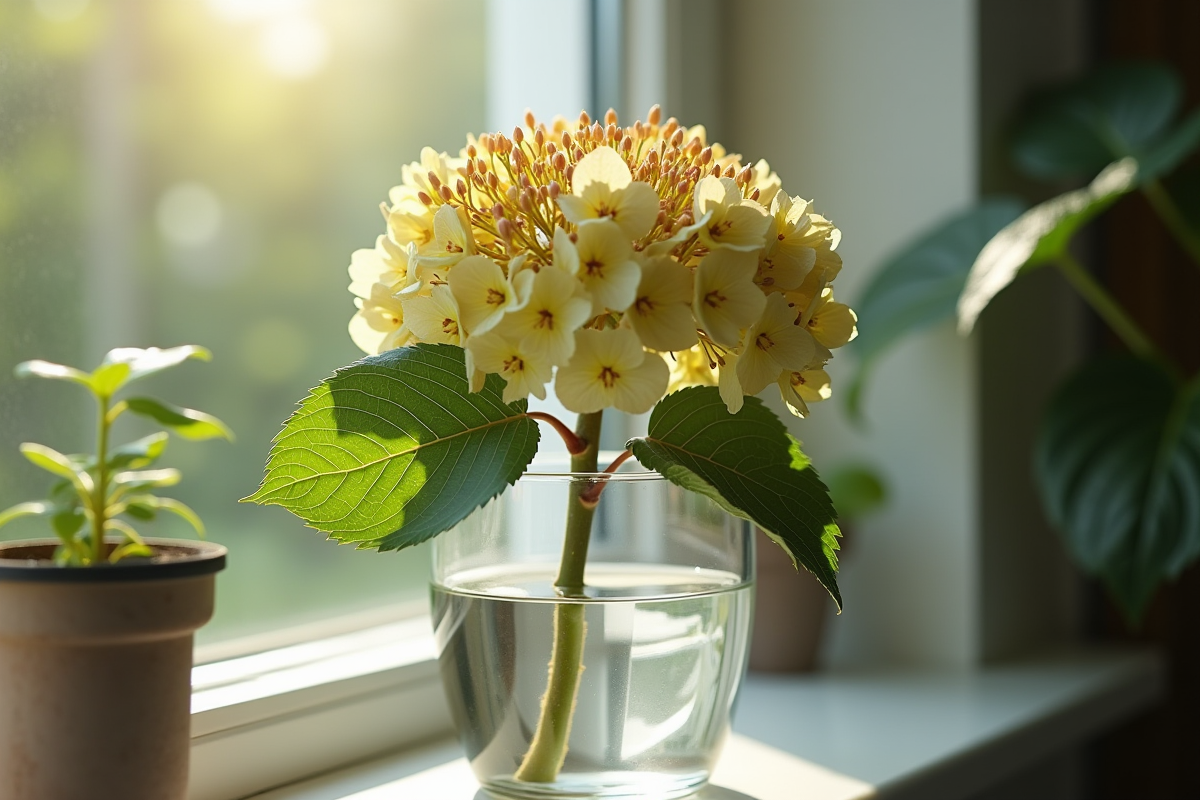 Tige d hydrangea fanée avec taches noires dans l eau