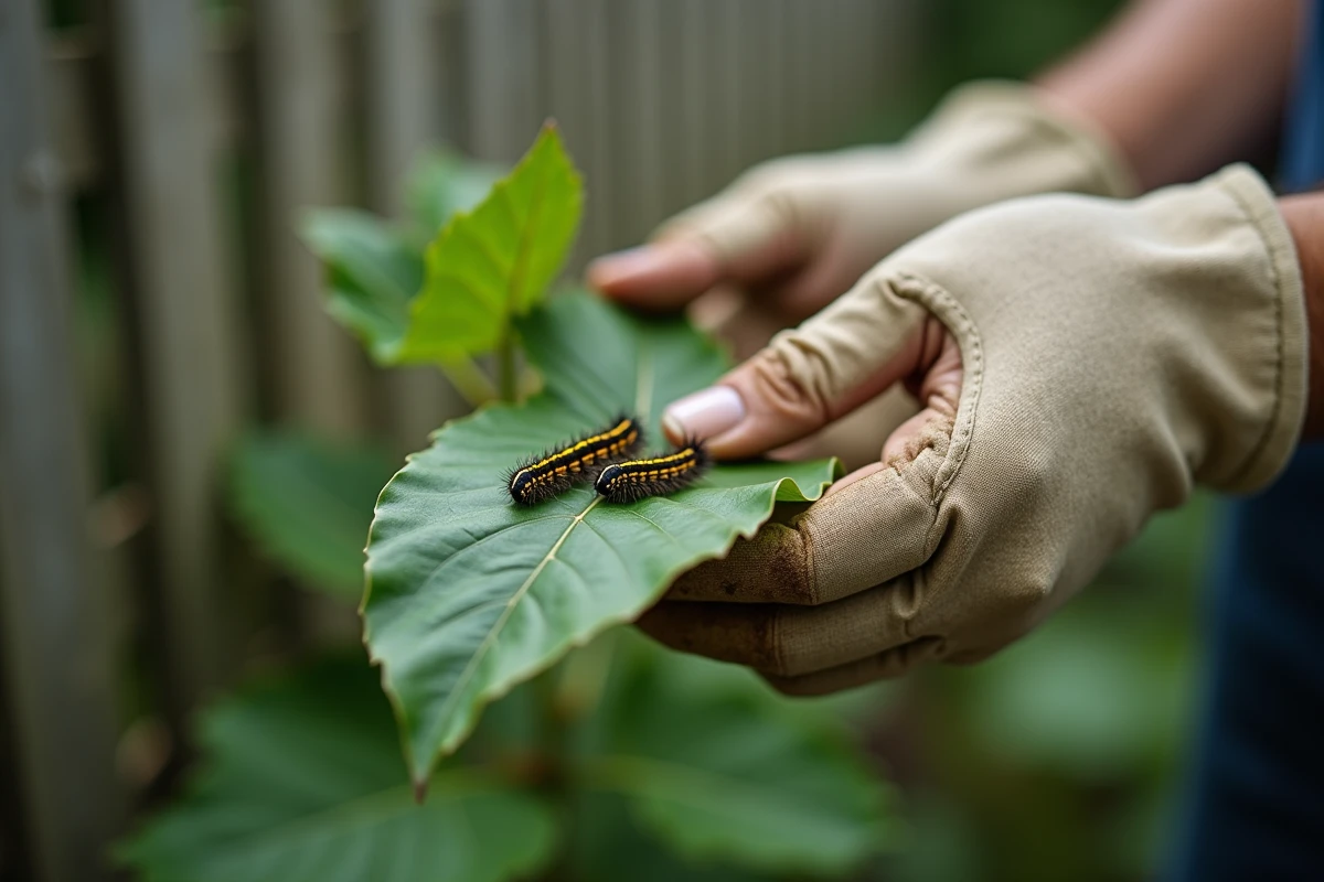 Main de jardinier tenant une feuille avec deux chenilles jaunes rayées pour identification, gant de jardinage et jardin en arrière-plan
