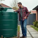 Homme inspectant un grand réservoir d'eau de pluie vert