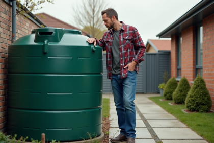 Homme inspectant un grand réservoir d'eau de pluie vert
