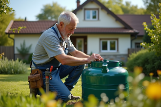 Bricour en action installant un systeme de collecte d'eau de pluie dans un jardin