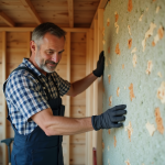 Homme en salopette posant des panneaux isolants dans un abri de jardin PVC