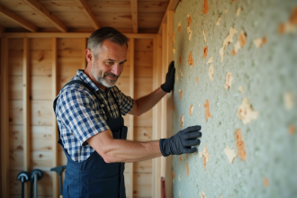 Homme en salopette posant des panneaux isolants dans un abri de jardin PVC