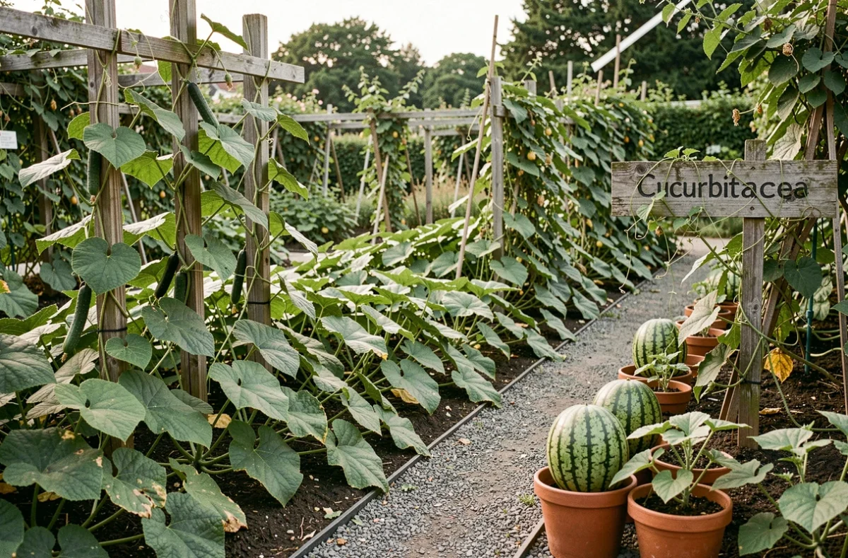 Parcelle de jardin botanique dédiée à la famille des cucurbitacées avec courges, concombres et melons en pleine croissance