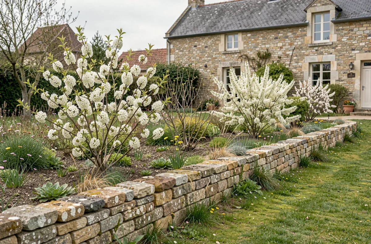 Jardin de campagne française avec plusieurs arbustes à fleurs blanches printanières le long d'un muret en calcaire
