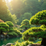 Jardin japonais avec arbustes traditionnels en plein jour