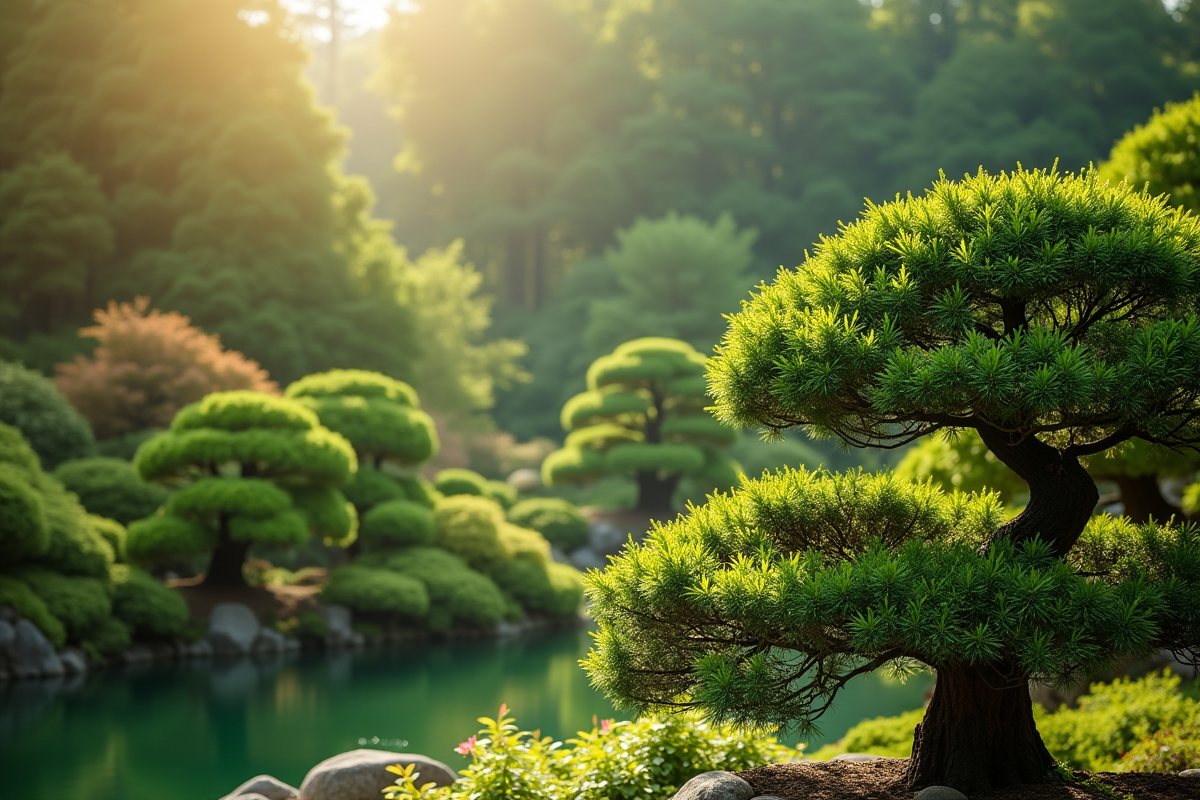 Jardin japonais avec arbustes traditionnels en plein jour