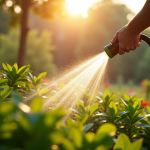 Personne arrosant les plantes dans un jardin en matinée ensoleillée