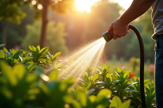 Personne arrosant les plantes dans un jardin en matinée ensoleillée