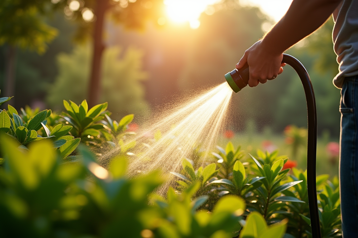 Personne arrosant les plantes dans un jardin en matinée ensoleillée