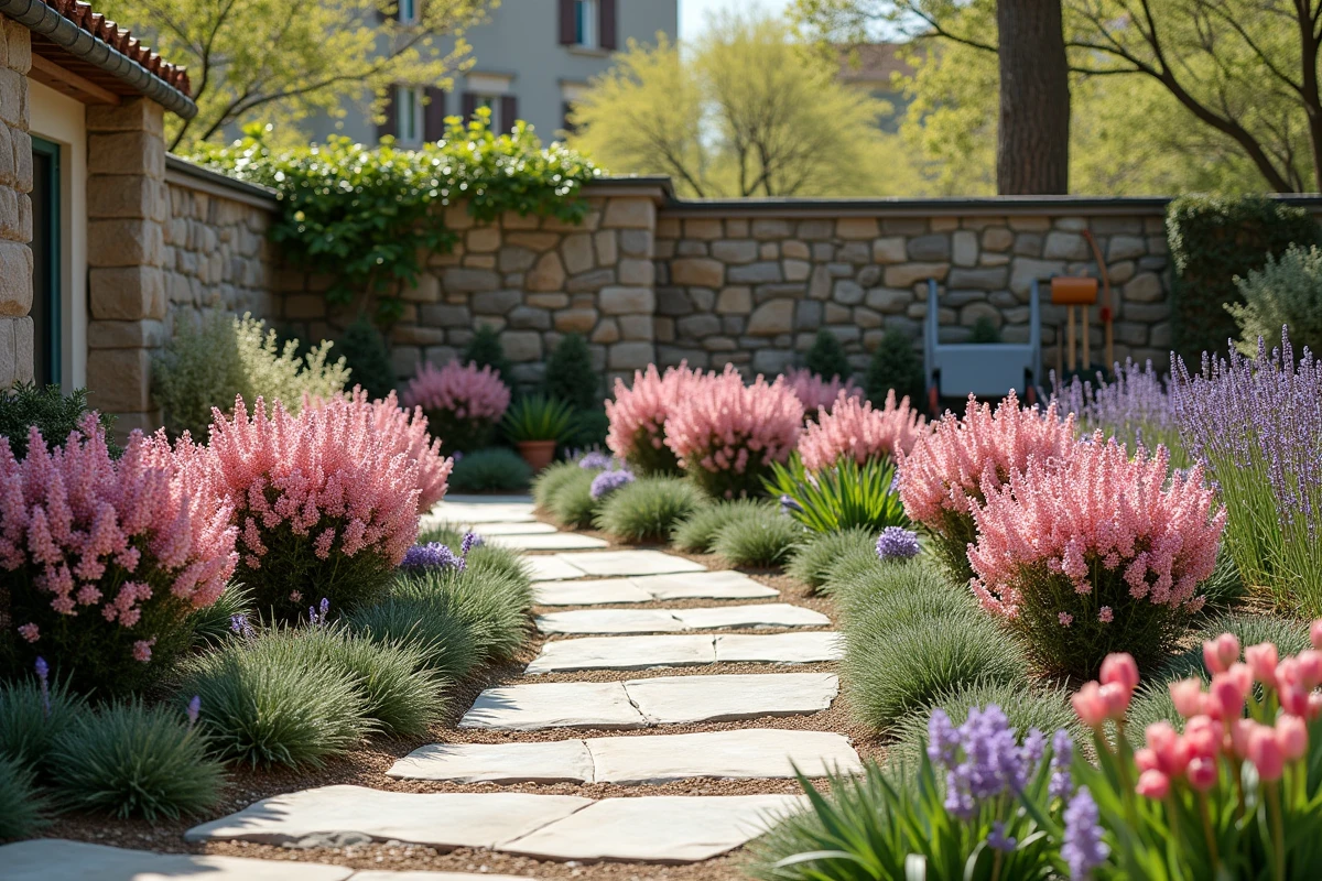 Vue large d'un jardin printanier aménagé avec plusieurs arbustes fleuris roses le long d'un chemin en pierre