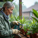 Femme jardinant sous la pluie sur un balcon verdoyant