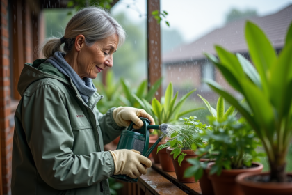 Femme jardinant sous la pluie sur un balcon verdoyant