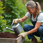 Femme jardinant et versant de l'eau sur composteur