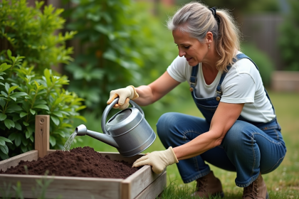Femme jardinant et versant de l'eau sur composteur