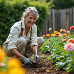 Femme moyenne âge en vêtements de jardinage plantant des bulbes d'été