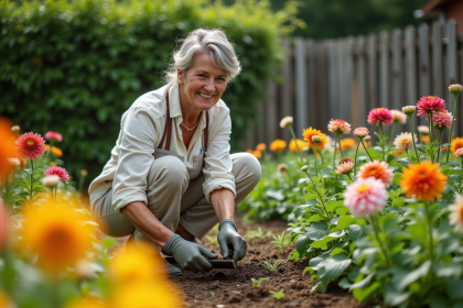 Femme moyenne âge en vêtements de jardinage plantant des bulbes d'été
