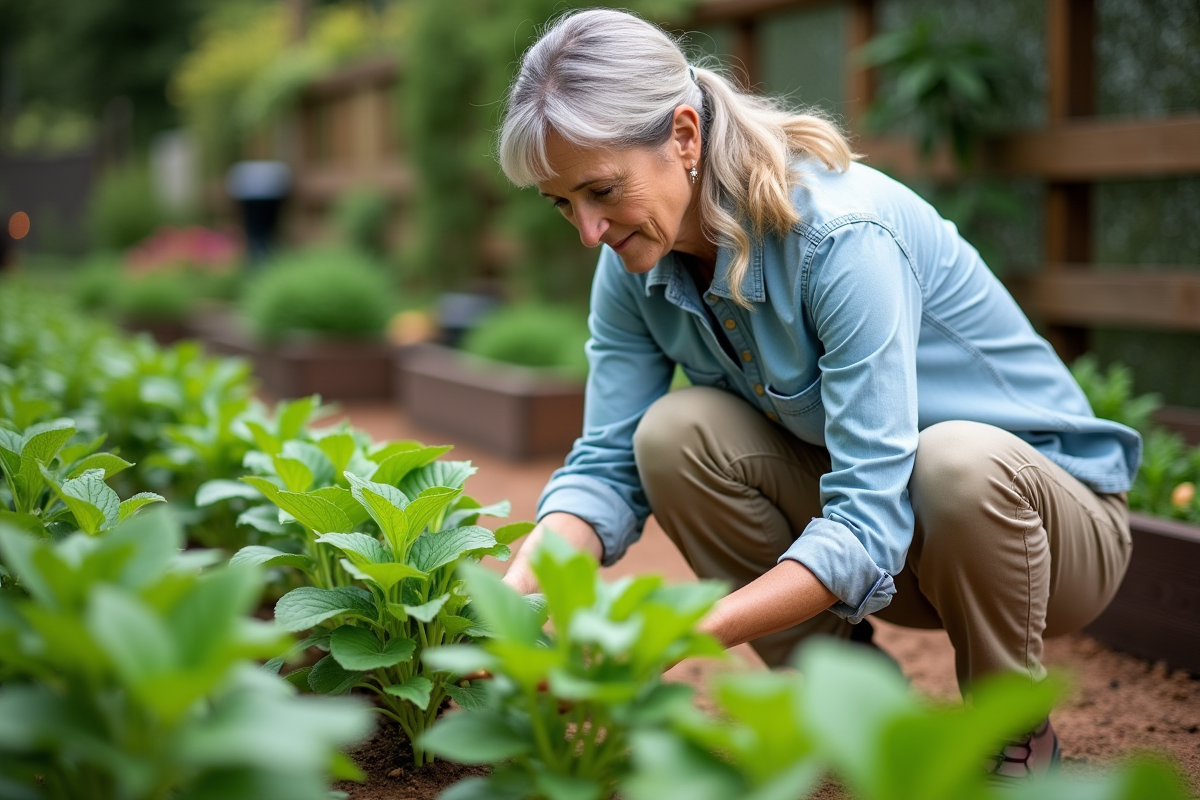 Femme au jardin cultivant des haricots verts en extérieur