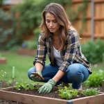 Femme jardinant avec smartphone dans un jardin ensoleille