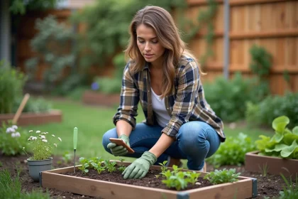 Femme jardinant avec smartphone dans un jardin ensoleille