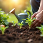 Mains de jardinier plantant de jeunes légumes dans la terre