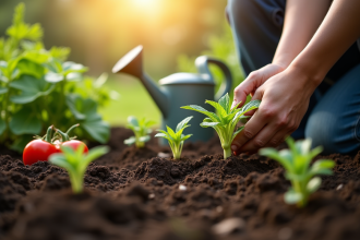 Mains de jardinier plantant de jeunes légumes dans la terre