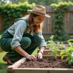 Femme en overalls verts plantant des tomates dans un jardin