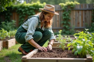 Femme en overalls verts plantant des tomates dans un jardin