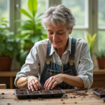 Femme jardinant avec des graines dans un serre intérieur