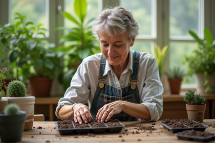 Femme jardinant avec des graines dans un serre intérieur
