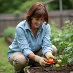 Femme jardinant dans un potager avec tomates
