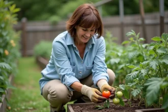 Femme jardinant dans un potager avec tomates