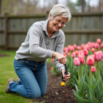 Femme jardinant en train de tailler des tulipes en extérieur
