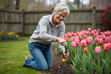 Femme jardinant en train de tailler des tulipes en extérieur